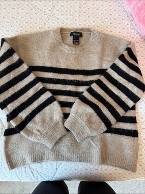 Karen Kane Beige and Black Striped Crew Sweater